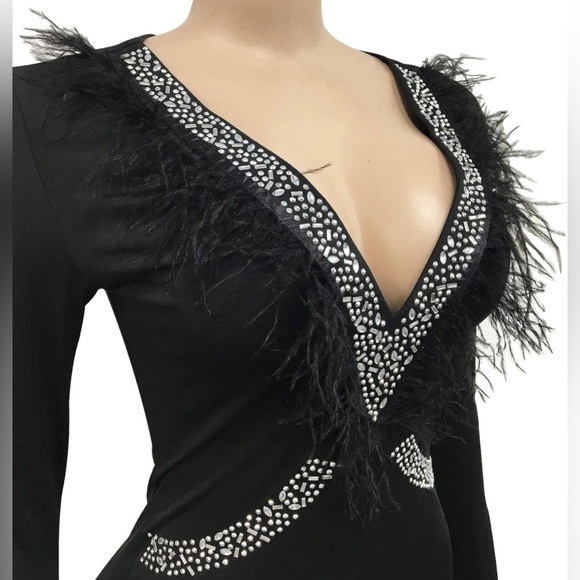 NWOT Rhinestone Feathered Bodycon Jumpsuit Size Small - Picture 3 of 6